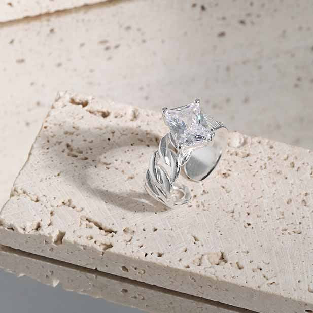 Irregular Twisted CZ Emerald 925 Sterling Silver Adjustable Ring