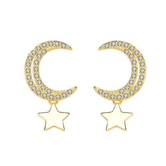 CZ Crescent Moon Stars Sweet 925 Sterling Silver Stud Earrings